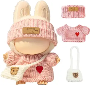 Clothes for LABUBU Doll (NO Doll), 3-Piece Handcrafted Crochet Accessories for LABUBU 17cm Dolls, Premium Outfits for LABUBU Unique Dress up - Heart Sweater + Hat + Bag (Pink)