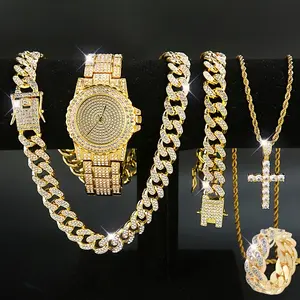 [5 Pieces Watch Set Bundle] Set Of 5 Pieces, Men's And Women's Watch Set, Men's Cuban Necklace Bracelet Ring Set, Cross Necklace Set, Christmas Gift Set