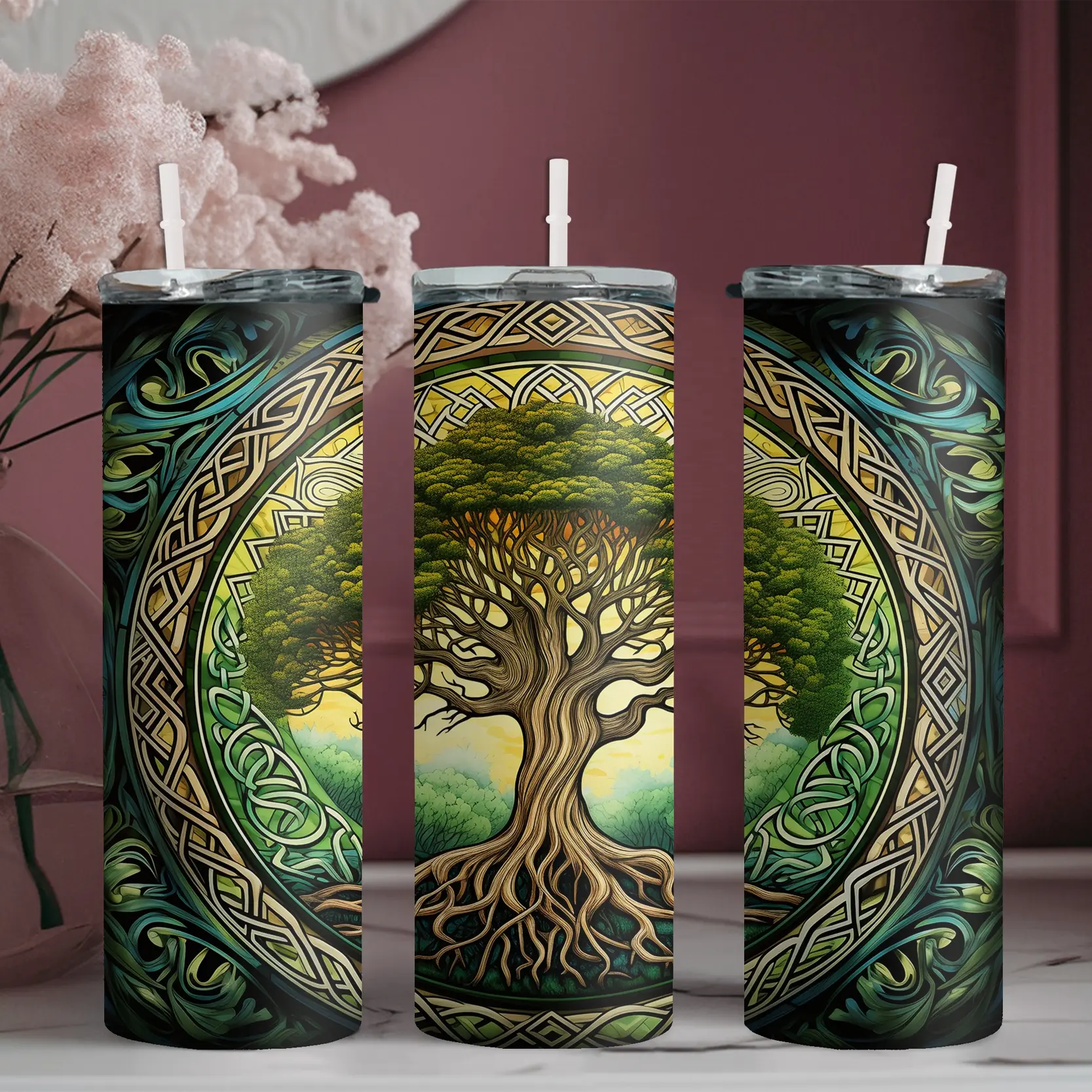 20oz (500-1,000 ml) Portable Airtight Stainless Steel Water Bottle with Straw & Lid - Celtic Knot, Tree of Life Pattern Skinny Tumbler, Stylish Adults' Drinkware for Fitness, Travel, Great Gift for Family and Friends | 1pc, Daily Use