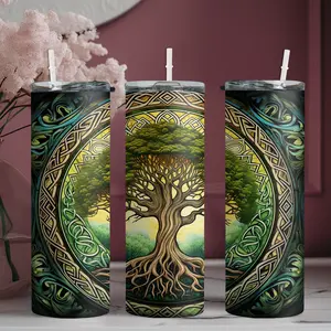 20oz stainless steel water bottle with straw, Celtic knot pattern design with tree of life skinny tumbler, suitable for fitness, travel, driving, and daily use at home. A great gift for family and friends | 1pc