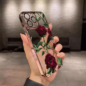 Flaming Rose Pattern Mobile Phone Protective Shell Full Lens Protection Anti-Scratch Anti-Fingerprint Compatible with iPhone X XS 11 12 13 14 15 16 17 Air Pro Max Plus Shockproof Non-Slip Classic Hybrid Casing Protector Screen Protector