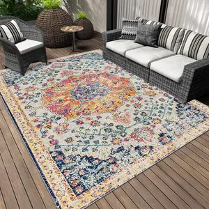 Boho Style Floral Pattern Area Rug, Waterproof Reversible Patio Rug, Indoor Outdoor Area Rug for Patio Deck Balcony, Picnic Beach Outdoor Decor