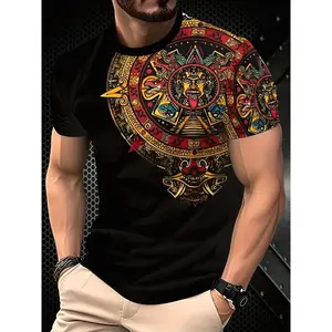 Men's 3D Printed Indian Style Colorful Casual T-Shirt, Breathable Regular Fit Round Neck for Everyday Wear, Durable Print Quality for All Seasons(Sheets)