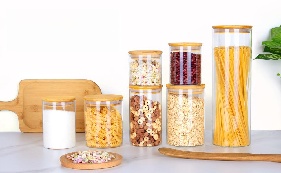 Glass Food Storage Jars, 7 Pack Kitchen Containers with Airtight Bamboo Wooden Lids for Pasta, Cookies, Nuts, Coffee Beans, Cereal, Canisters Set for Flour, Pantry Organization, BPA Free
