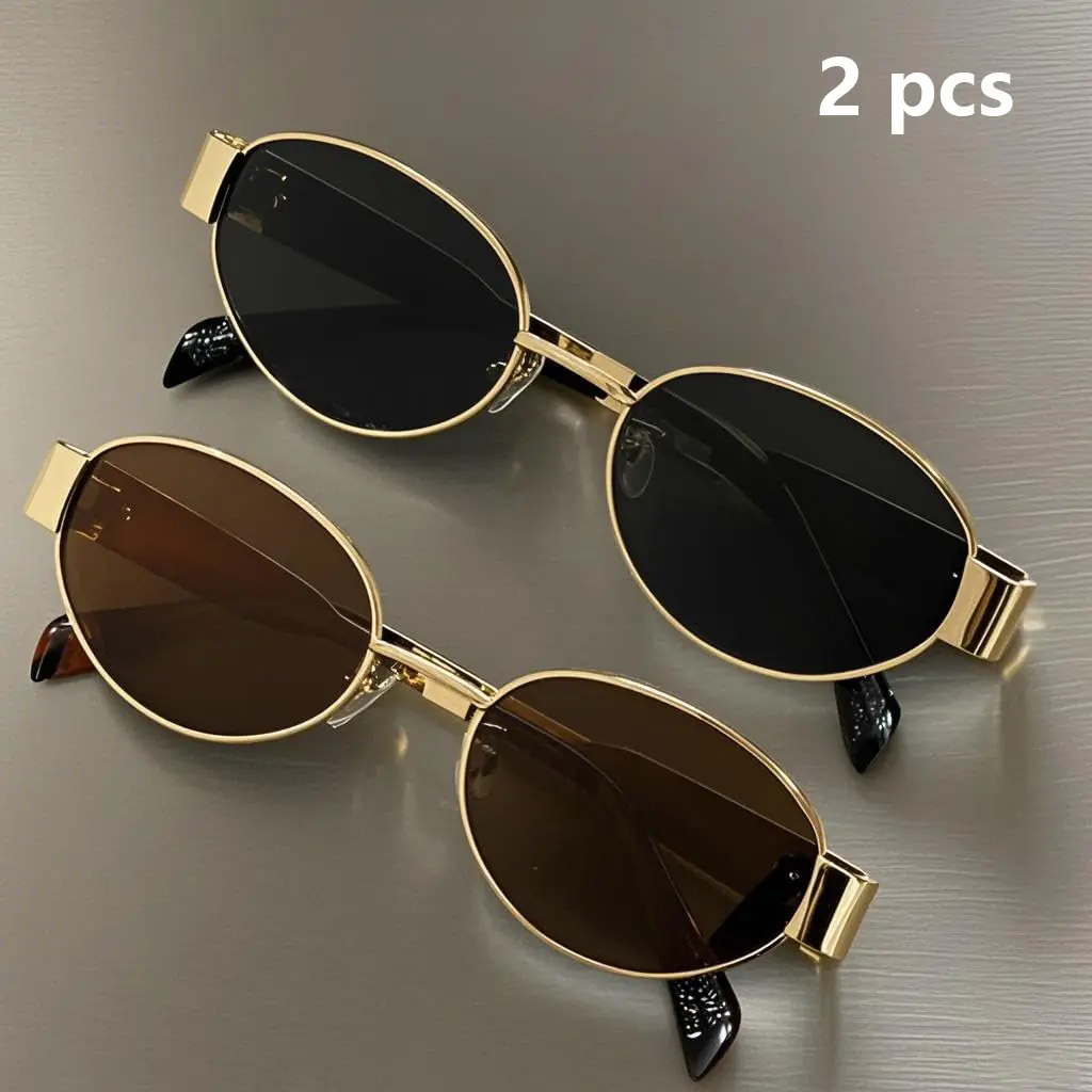 Classic Oval Womens Sunglasses, 2-Piece Metal Frame Set with UV Protection, Fashion Accessories for Daily & Beach Wear, Classic Oval Sunglasses, 2 Piece Sets, Accessories For Women, Sunglasses For Women