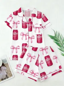 Bow Pattern 2-Piece Sleepwear Set, Short Sleeve Button-Down Top & Shorts, Soft Sleepwear, Casual Fitted