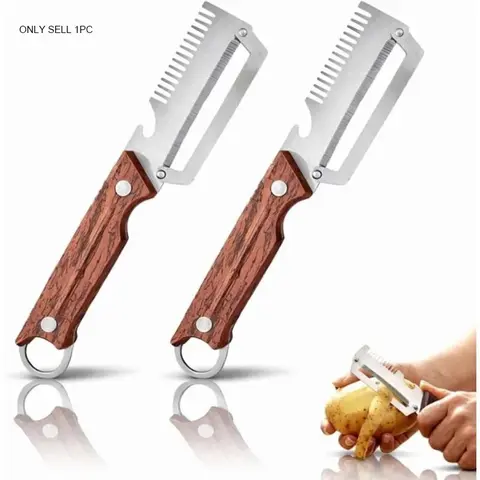 2026 New Multi-functional Kitchen Thickened Stainless Steel Vegetable and Fruit Peeler Knife with Wooden Handle, Suitable for Peeling Fruits and Shredding Scallions