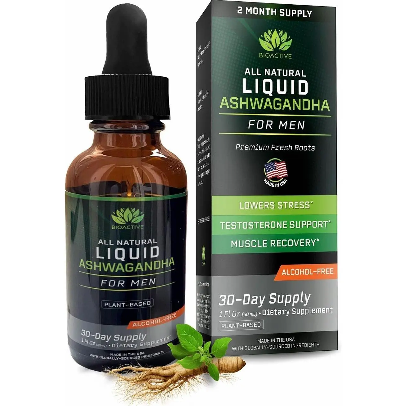 BIOACTIVE Liquid Ashwagandha Supplement Drops - Testosterone Booster For Men* - Adaptogen for Stress Support, Men’s Wellness - Organic, Vegetarian, Gluten Free, Non-GMO, 59 Servings (1 Oz, Unflavored)