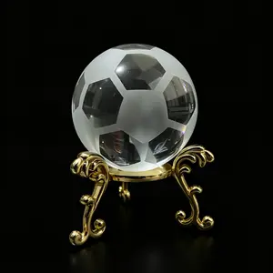 3D Laser Etched Soccer Crystal Ball - Decorative Football Sphere with Golden Tripod - Creative Desktop Ornament - Modern Sport Fan Room Decor - Souvenir Trophy Gift - High Quality Glass Crafts