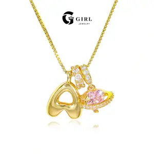 GGlRL Bubble Letter  Necklace Initial Heart Necklace for Women Man Pink Cubic Zirconia Pendant Letter Diamond 18KGold Plated Fashion Jewelry Gift For Holiday Christmas Birthdays Anniversaries