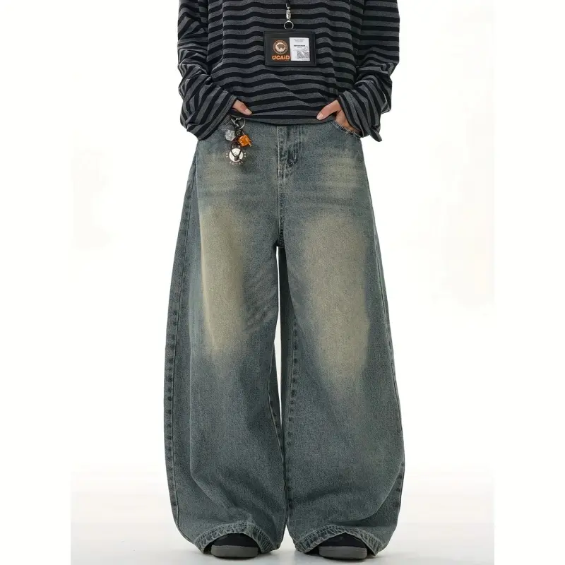 Men's Loose Wide Leg Jeans, Classic Light Blue Washed Denim, Retro Street Style, All-Season Comfort for Daily Casual & Outdoor Activities