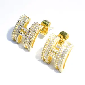 Gold - Plated Diamond - Encrusted ‘H’ Initial Earrings, American Trendy Personalized Jewelry, Perfect for Daily Glam Thick Studs Studearrings