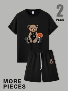 Men's Summer Fashion Casual Wear Menswear Short Sleeve Shorts American Street Style Set Printed with Personalized "Basketball Bear" Pattern Summer Personalized Two Piece Set