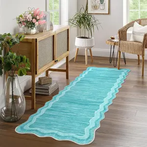 Garvee Washable Scalloped Rug Runner 2x6 Ultra-Soft Low Pile Hallway Rug, Non-Slip Non-Shedding Modern Carpet Runner, Washable Solid Indoor Easy Cleaning Mats for Laundry, Bedroom, Teal