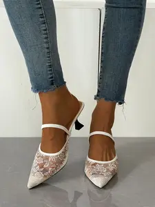 Women's and Lace Pointed Toe Mules, Strap Buckle Cat Heel Half Sandals, Breathable Mesh Low Heel Shoes for Commute and Dating