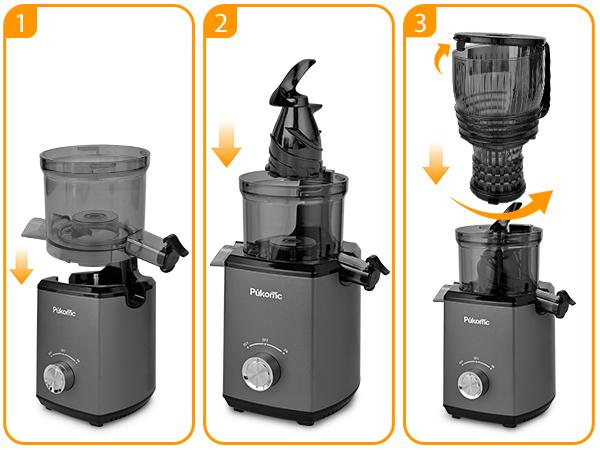 Pukomc 5.8" Wide Chute Cold Press Juicer with Auto Cut Mechanism High Yield Extraction Easy Lock System & 2 Cups for Fresh Whole Fruit Juices Stainless Steel Blender Usb Portable Blender