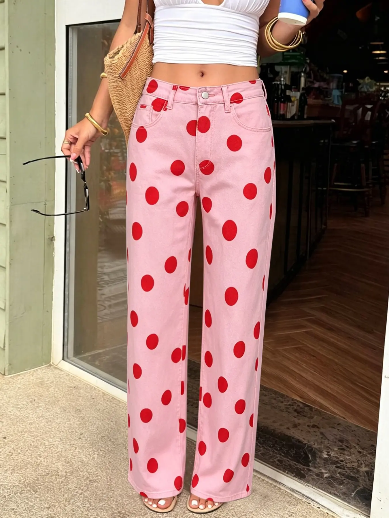 Women's Casual Polka Dot Wide-Leg Jeans, Casual Fashion Denim, Loose-Fitting Long Trousers, Casual Comfy Trousers, Pants, Elastic Fabric, All-Season Wear, Perfect for Daily Outing
