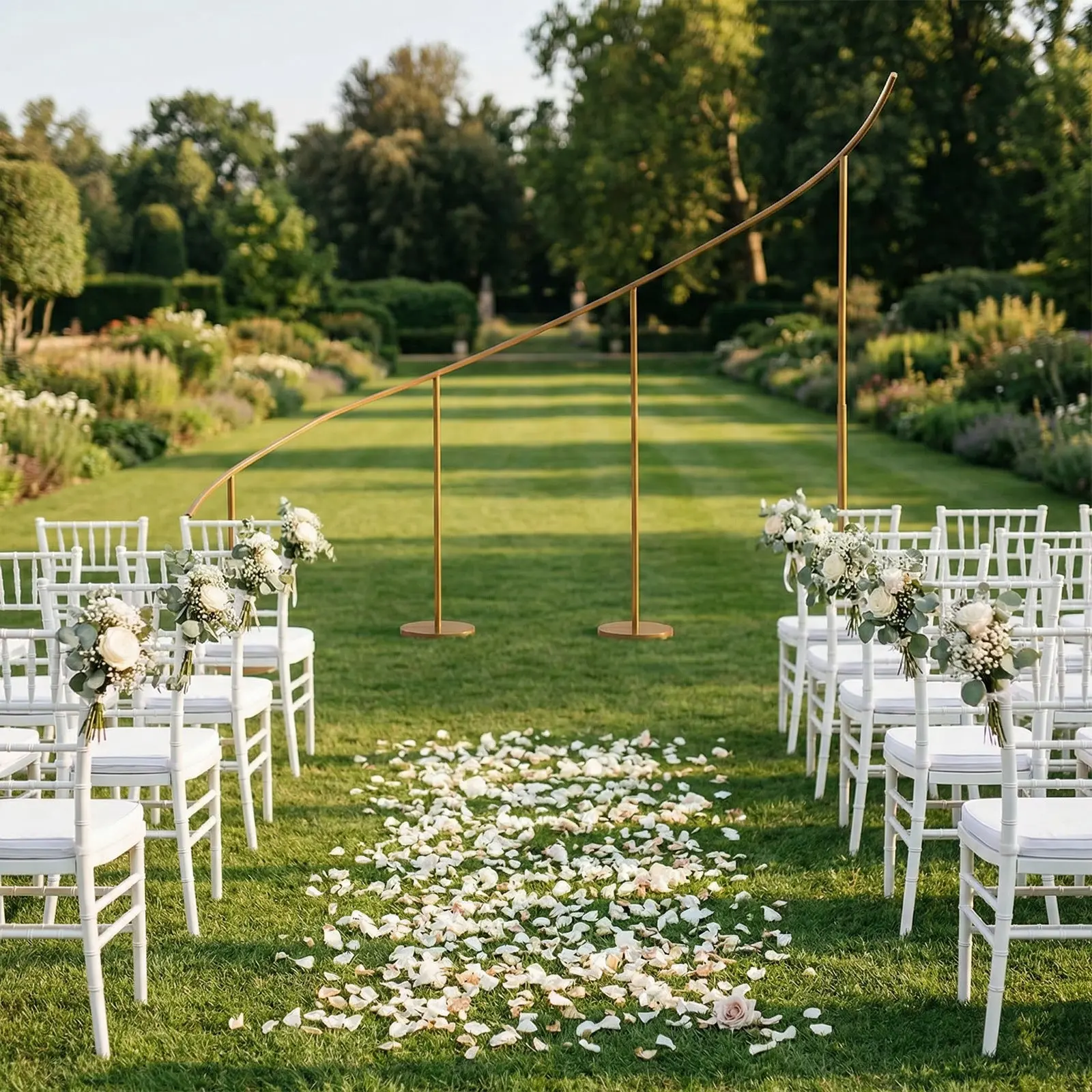 8ft x 12ft Curved Wave Wedding Arch Backdrop Stand Gold – Right Side Heavy-Duty Metal Frame with Round Bases for Balloon & Floral Décor