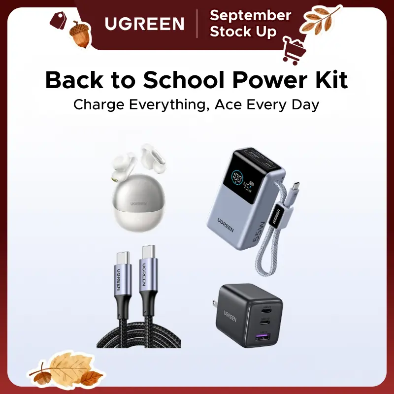 UGREEN Back to School Travel Essentials Power Kit Bundle - 10000mAh 45W Power Bank, S5 Open-Ear Bluetooth Headset, 30W 2C1A Charger, 100W 3.3FT USB-C to USB-C Cable