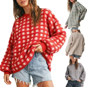Women’s Checkered/Plaid Long-Sleeve Crewneck Knit Sweater Top – Vintage Gingham Style