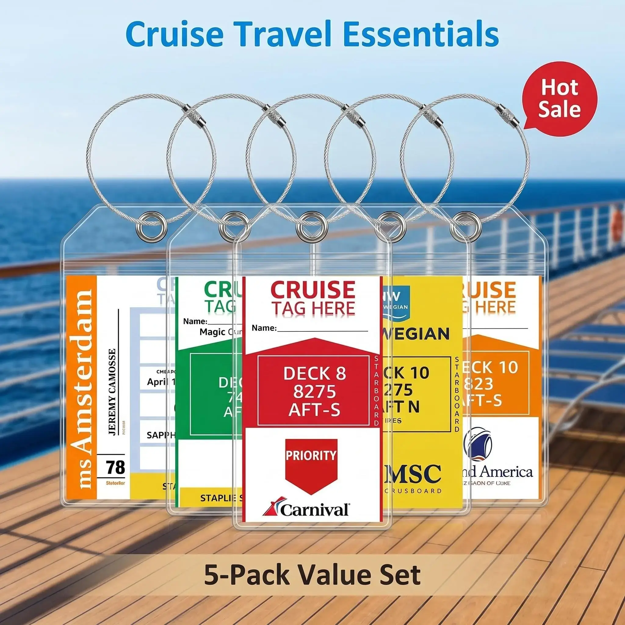 5 Pack Clear Luggage Tag Holders with Stainless Steel Loops – Waterproof Cruise Luggage Tag Protectors for Suitcases, Travel Bags & Backpacks ﻿