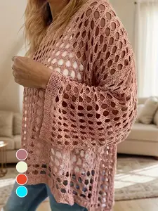 【Plus Size】 Women's Solid Color Loose Hollow Out Crochet Knitting Sweater Top, Casual Long Sleeve Knitwear for Beach Vacation, Ladies Clothes for All Seasons, Womenswear