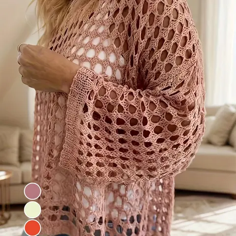 【Plus Size】 Women's Solid Color Hollow Out Crochet Sweater, Casual Long Sleeve Knitwear for Beach Vacation, Ladies Clothes for All Seasons, Womenswear
