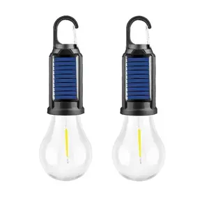 2 Pack Solar Light Outdoor Solar Powered or USB Rechargeable Hooked Camping Waterproof LED Bulb 3 Modes Warm Light Portable Lantern for Camping Fishing Hiking