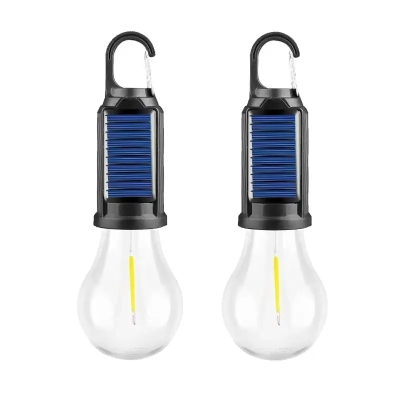 2-Pack Outdoor Solar & Secondary (Rechargeable) Lithium Ion LED Bulbs with Hook, Type-C USB Charging, 3 Modes Warm Light, Waterproof Portable Lantern for Camping, Fishing, Hiking