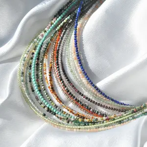 Tiny Gemstone Beaded Necklace, Dainty Gemstone Beaded Necklace, Waterproof Crystal Beaded Choker, Gold-Filled, Stainless Steel