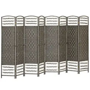 8 Panel Folding Room Divider – Dark Gray. Wave Fiber + Hand-Woven Paper Rope & Bamboo. Solid Wood Frame + Arched Top. 126" L x 0.5" D x 67" H. No Assembly