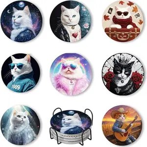 8-Piece Diamond Art Coaster Set with Stand, DIY Cat Series Pattern, Suitable for Adults and Beginners, Perfect Gift for Friends