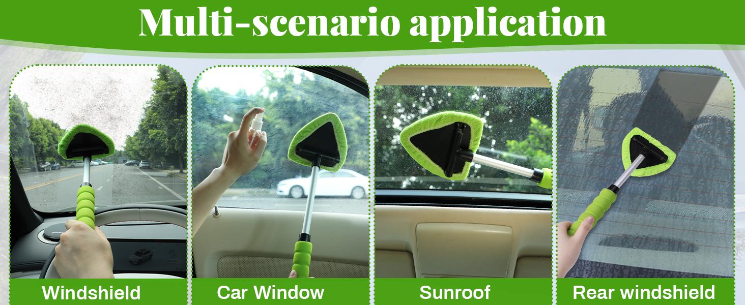 Windshield Cleaning Tool Microfiber Car Window Cleaner with 4 Reusable and Washable Microfiber Pads and Extendable Handle Car Windshield Cleaning