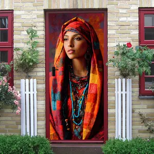 2pcs Colorful Ethnic Style Woman Portrait Wall Sticker Self Adhesive Removable Waterproof Mural for Living Room Bedroom Exotic Art Home Decor Wall Decoration