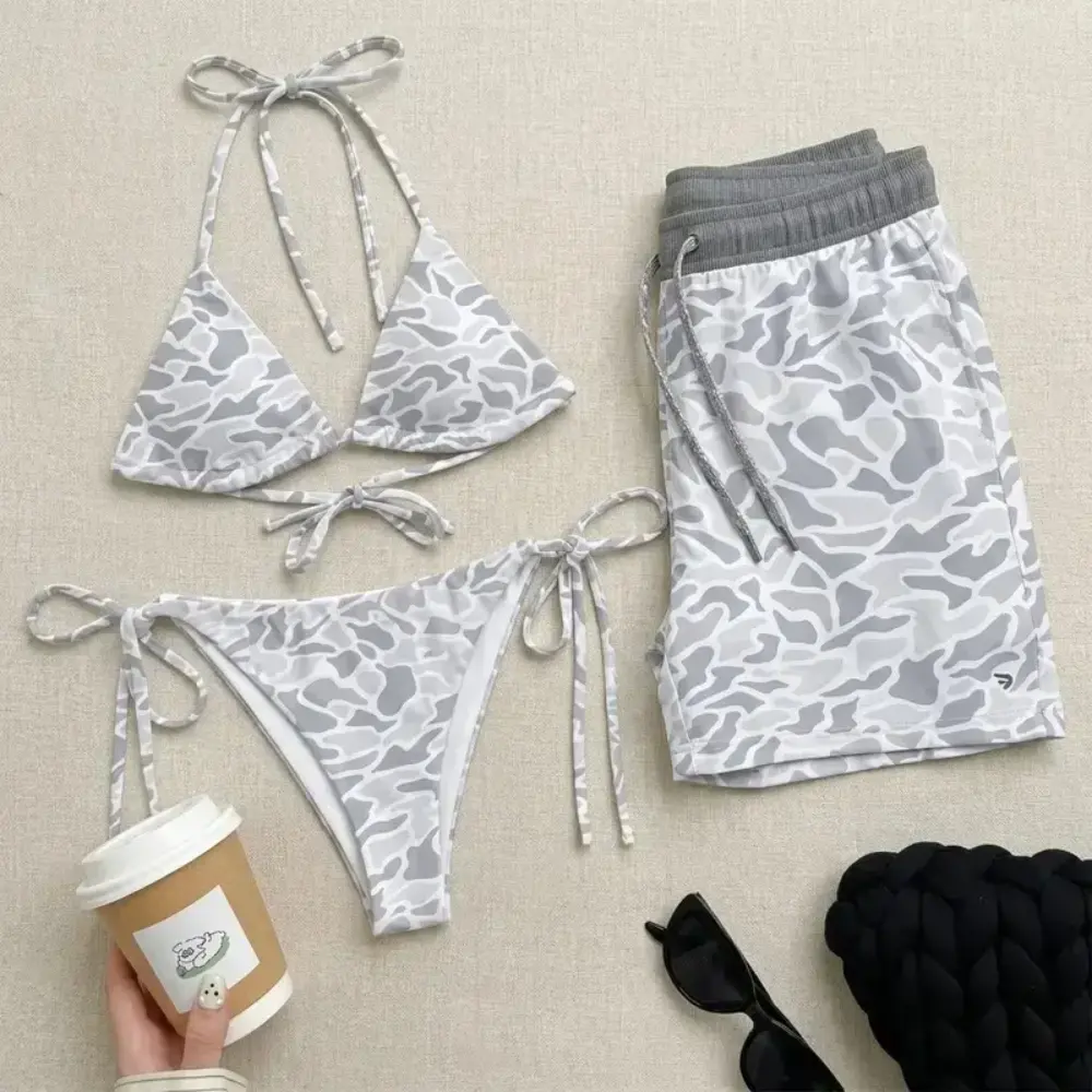 Couples Gray Camouflage Swimwear Set - Women's Triangle String Bikini & Men's Quick Dry Swim Shorts, Matching Beach Vacation Swimsuits