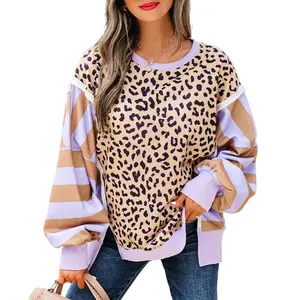 Women's Striped Leopard Print Sweatshirt Color Block Patchwork Winteroutfit Drop Shoulder Side Slit Pullover Top