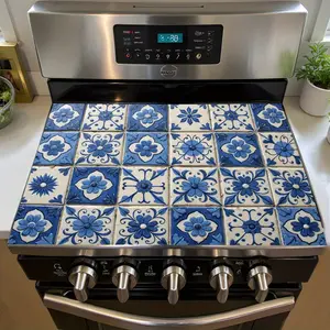 1 piece of blue floral pattern stove cover - heat-resistant diatomaceous earth kitchen protection pad, decorative ceramic bowl drying pad for electric stoves, artistic glass stove protection pad and oven accessories, stove protection pad