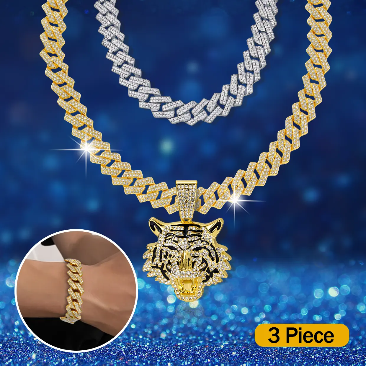 3 Pieces Shiny Cool 3D Tiger Pendant Necklace Bracelet Set Miami Cuban Chain Jewelry Set Unisex Hip Hop Jewelry for Men Women Daily Wear