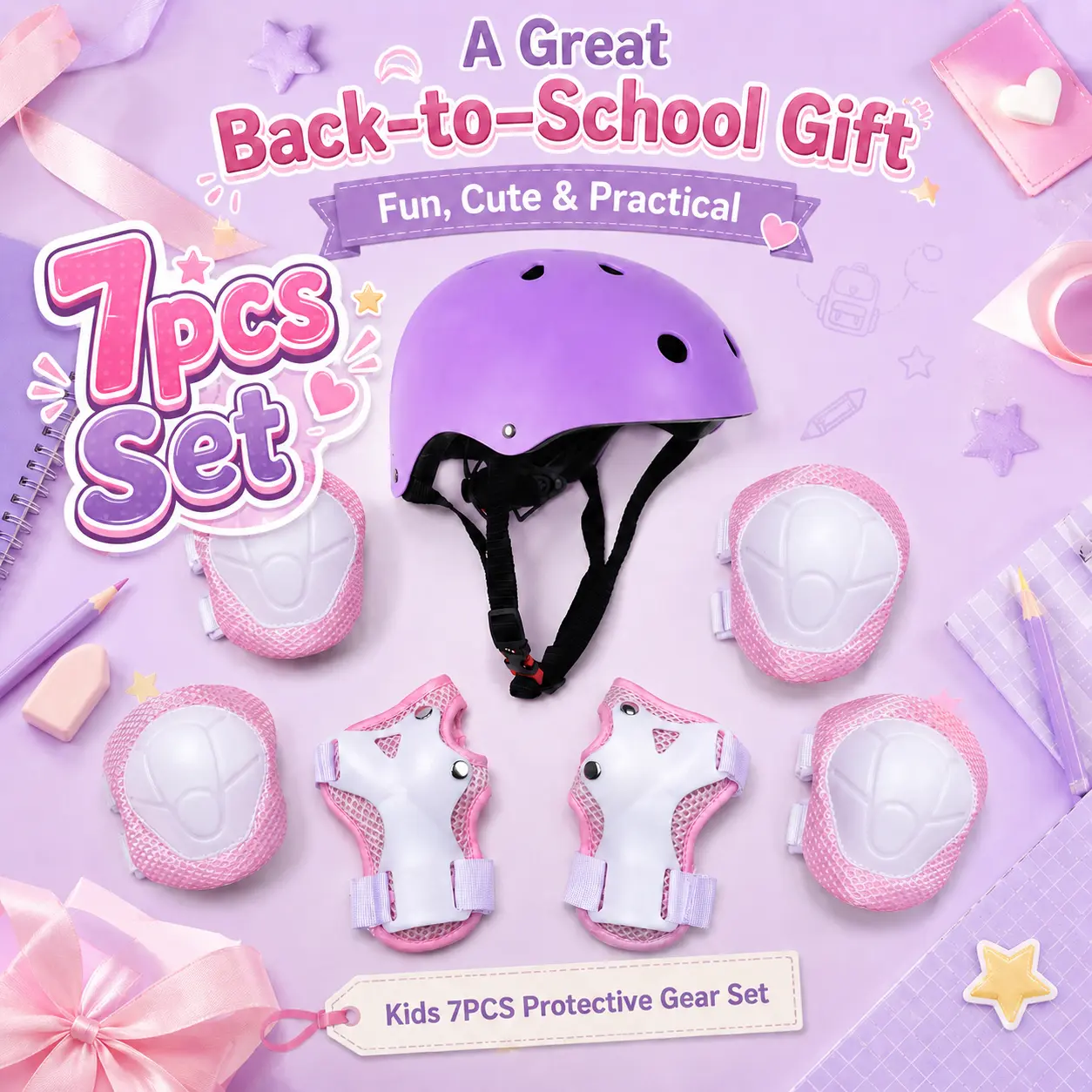 CPC Certified Coordinated Sporty Protective Gear, 7-Piece Kit with Ventilation Adjustable Helmet, Knee Pads, Elbow Pads, Wrist Guards for Multi-Sports Activities, Ages 5-10