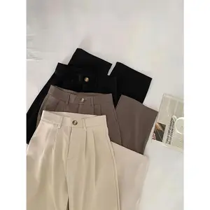 Women’s elegant straight-leg buckle pants — black, beige, brown; office-casual trousers | polyester–spandex blend; machine washable; non-elastic; versatile for all seasons; professional attire | easy-care clothing