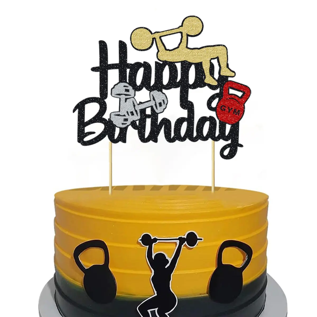1pc Weightlifting Happy Birthday Cake Topper Glitter Dumbbell Cake Decoration for Fitness Theme Birthday Party Cake Decor Supplies Sparkle Toppers