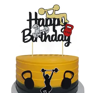 1pc Weightlifting Happy Birthday Cake Topper Glitter Dumbbell Cake Decoration for Fitness Theme Birthday Party Cake Decor Supplies Sparkle Toppers