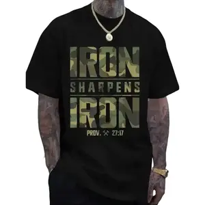 CMBT Men's Oversized 100% Cotton Graphic T-Shirt IRON SHARPENS IRON Proverbs 27:17 Bible Verse Design Geometric Print Casual Streetwear Tee Breathable Summer Top Machine Washable Summer Fashion Camouflage Pattern Durable Fabric Menswear Tshirt