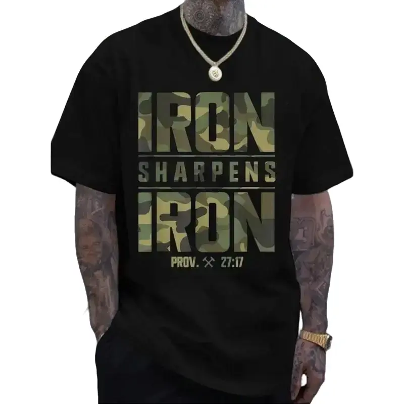 CMBT Men's Oversized 100% Cotton Graphic T-Shirt IRON SHARPENS IRON Proverbs 27:17 Bible Verse Design Geometric Print Casual Streetwear Tee Breathable Summer Top Machine Washable Summer Fashion Camouflage Pattern Durable Fabric Menswear Tshirt