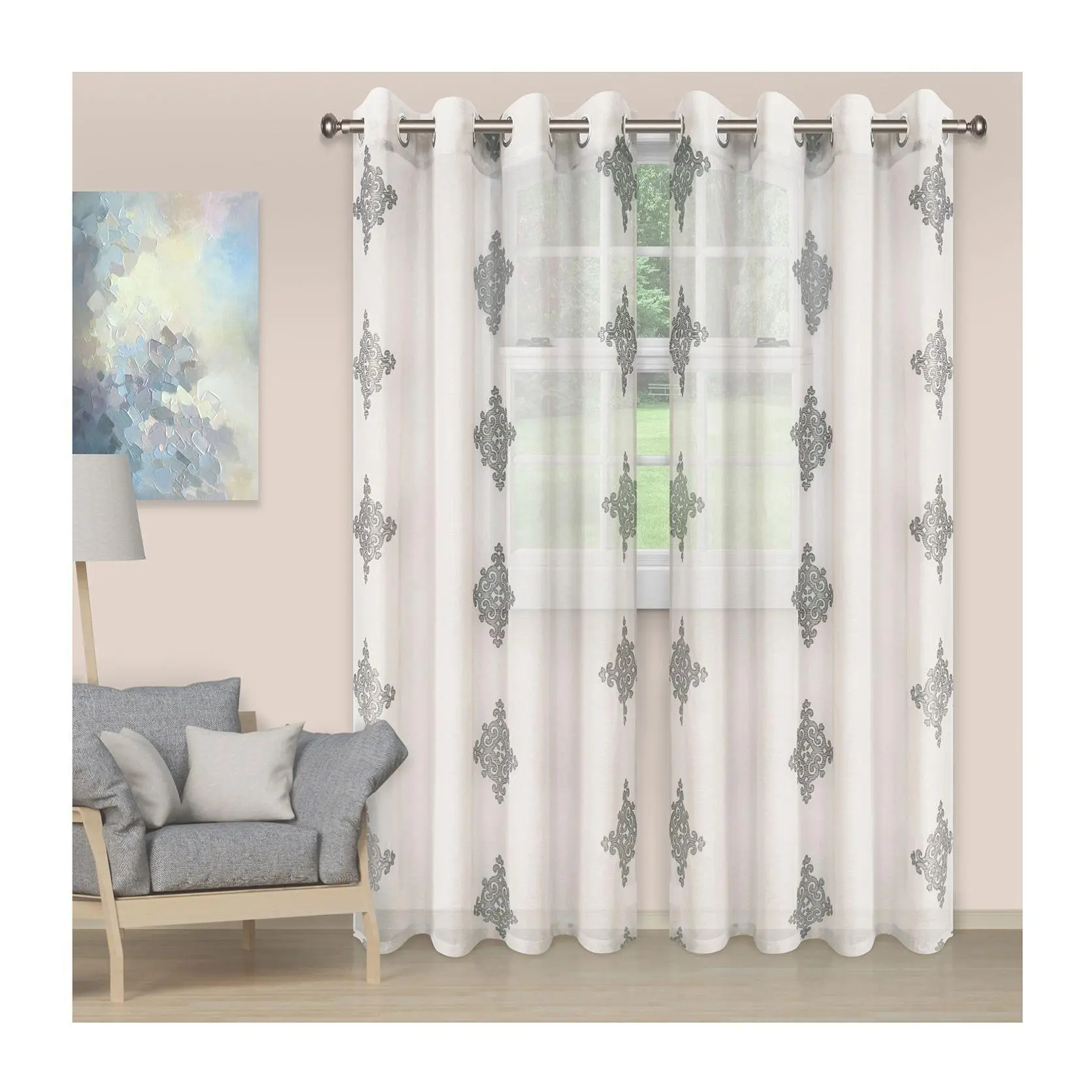Superior Embroidered Damask Sheer GrommetCurtain 52 X 96