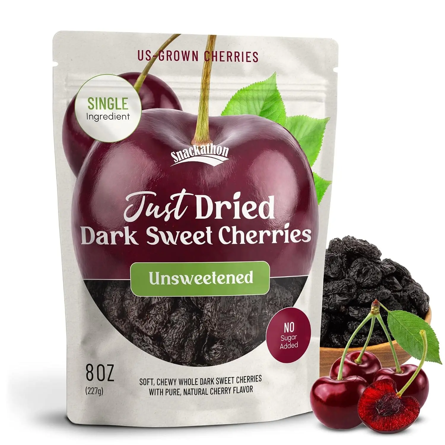 Snackathon Unsweetened Dried Dark Sweet Cherries, No Sugar Added, Resealable Bag, Just 100% Whole Pitted US-Grown Cherries, All Natural, Non-GMO, No Oils, Dried Fruit for Baking & Snacking