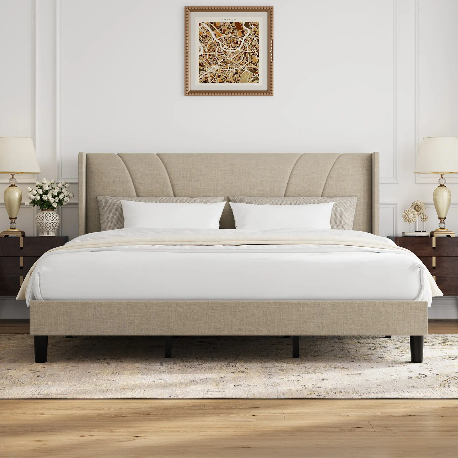 Novilla Full/Queen/King Platform Bed Frame,Linen Upholstered Wing Side Headboard, Reinforced Heavy-Duty Support Legs, No Box Spring Needed, Easy and Quick Assembly,Back To School