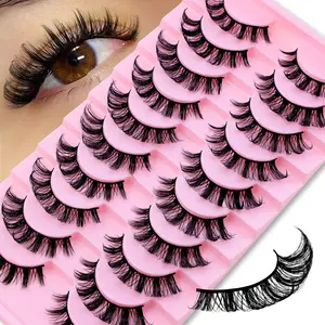 10 Pairs DD Curl Russian Strip False Eyelashes, Voluminous Dense Look, Dramatic Messy Style Fake Fur Lashes, Makeup Enhancement