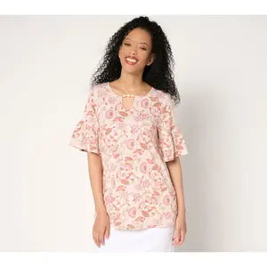 Denim & Co. Favorite Jersey Flutter Sleeve Beaded Keyhole Top