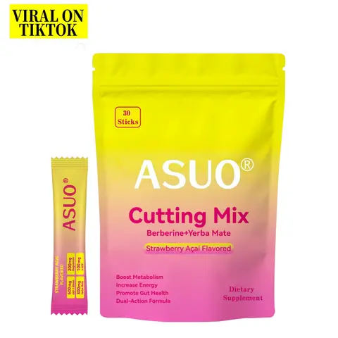 ASUO Organic Strawberry Acai Cutting Mix Dietary Fitness Supplement Powder Sticks - Vitamin & Acai Powdered Drink Mix, Berberine HCl, Yerba Mate, Berry Flavor, 30 Sticks, Energy Boost Vitamins, Minerals & Wellness Support, Metabolism Aid, Gym Use, Fitness
